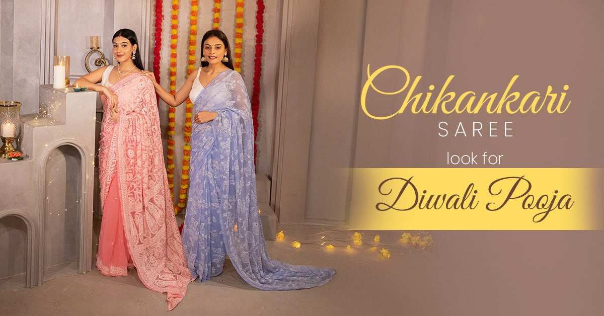 Chikankari Saree Look for Diwali Pooja Celebration