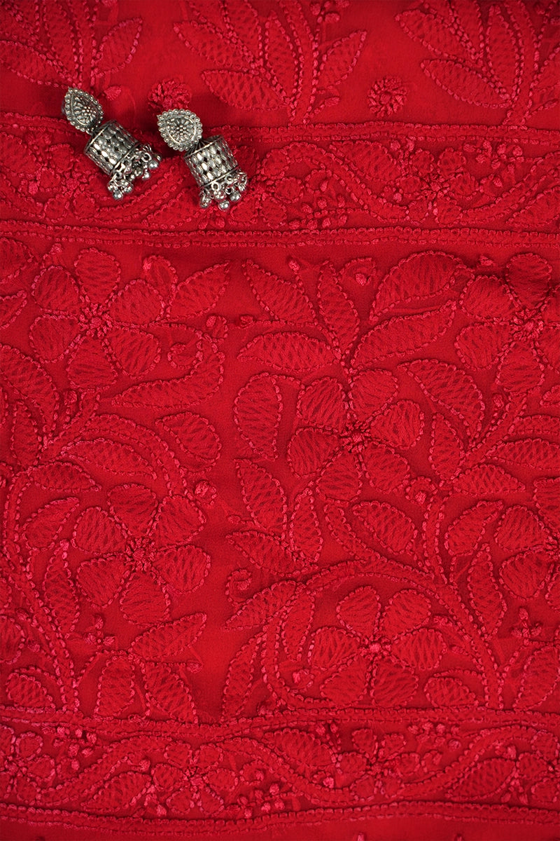 Red Georgette Saree with Intricate Chikankari Floral Work
