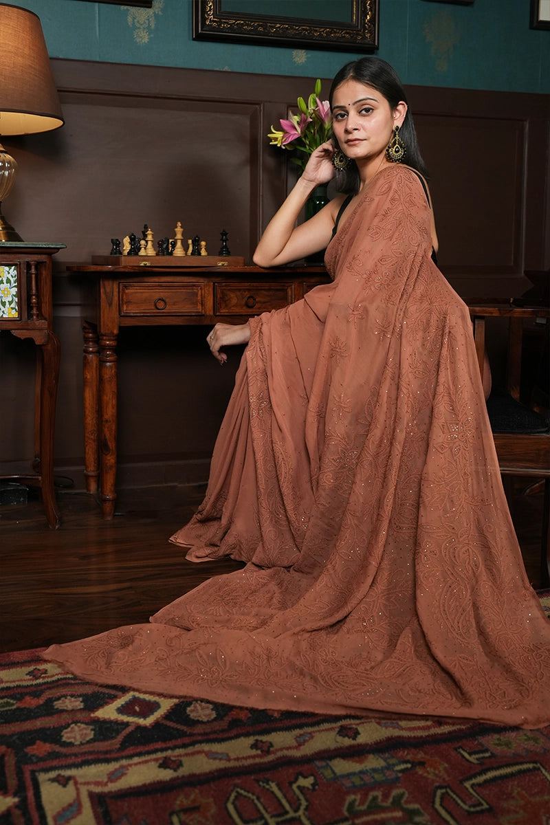 Coca Brown Georgette Saree with Mukesh & Resham Dhaga Kadhai Work