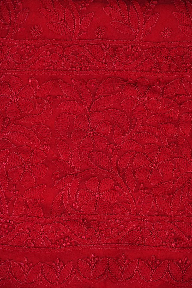 Red Georgette Saree with Intricate Chikankari Floral Work