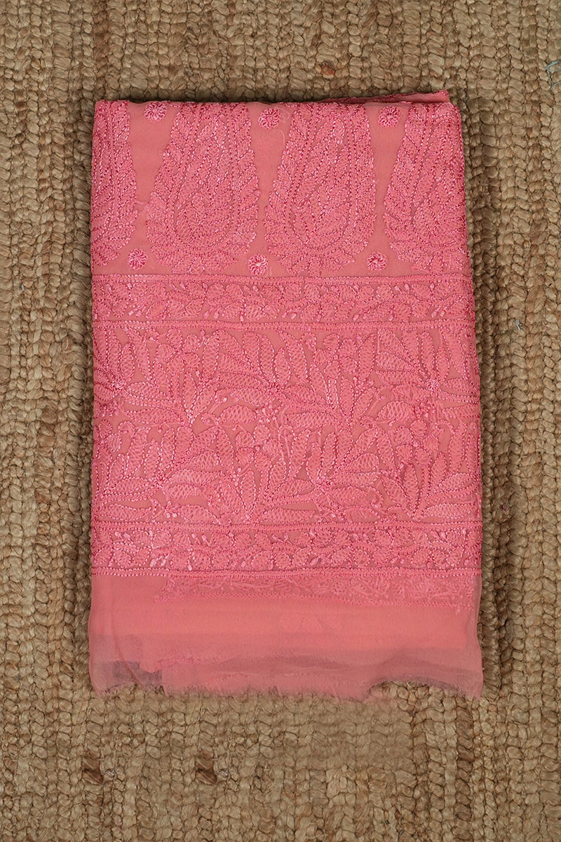 Peach-Pink Georgette Saree with Fresh Floral Chikankari Embroidery