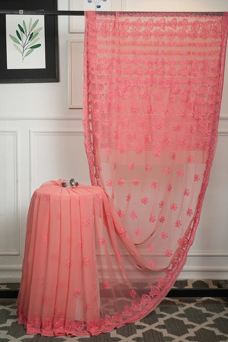 Peach-Pink Georgette Saree with Fresh Floral Chikankari Embroidery