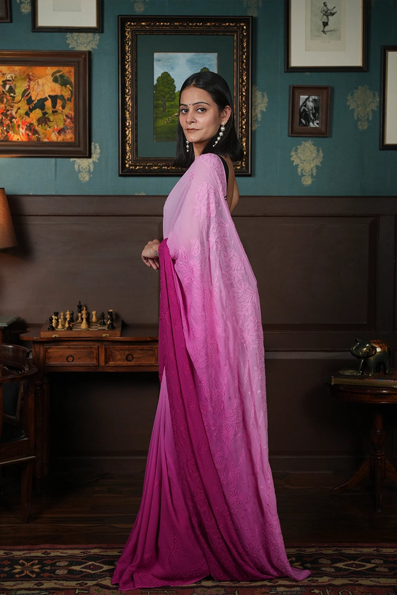 Ombre Pink Georgette Chikankari Saree with Unstitched Blouse