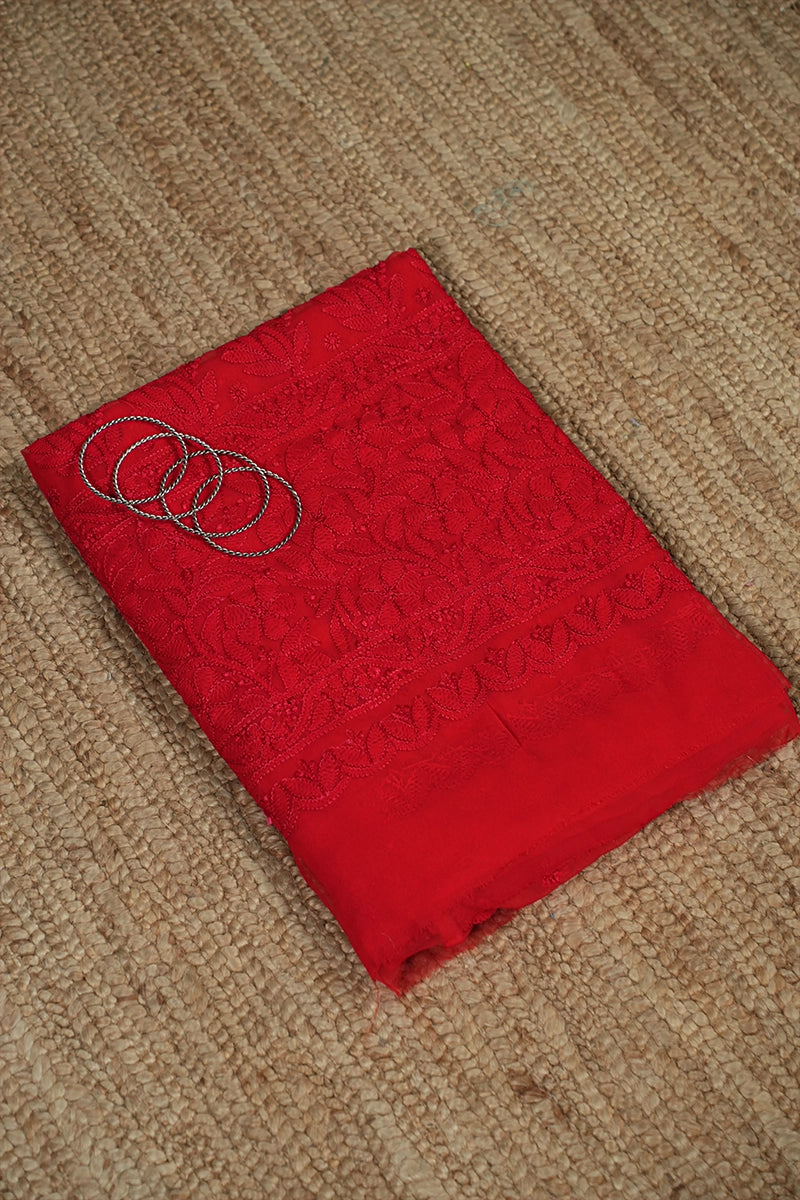 Red Georgette Saree with Intricate Chikankari Floral Work