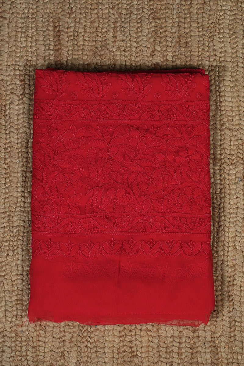 Red Georgette Saree with Intricate Chikankari Floral Work