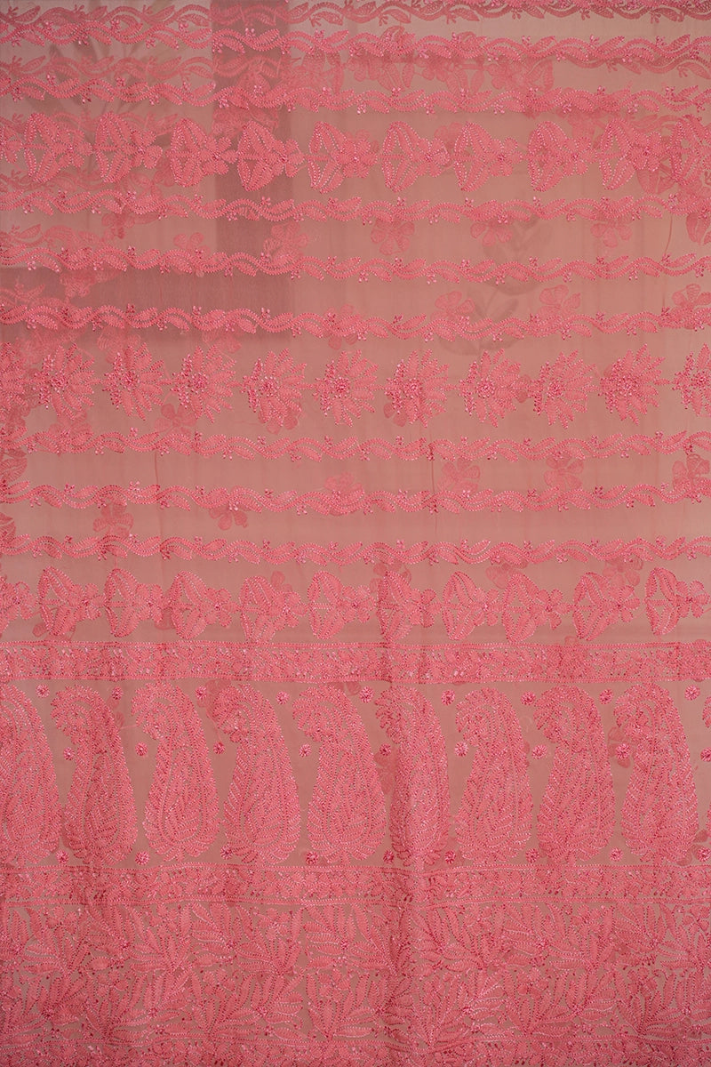 Peach-Pink Georgette Saree with Fresh Floral Chikankari Embroidery
