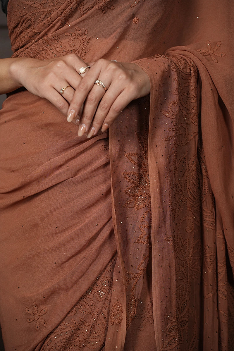 Coca Brown Georgette Saree with Mukesh & Resham Dhaga Kadhai Work