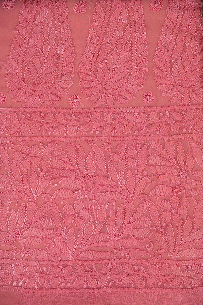 Peach-Pink Georgette Saree with Fresh Floral Chikankari Embroidery