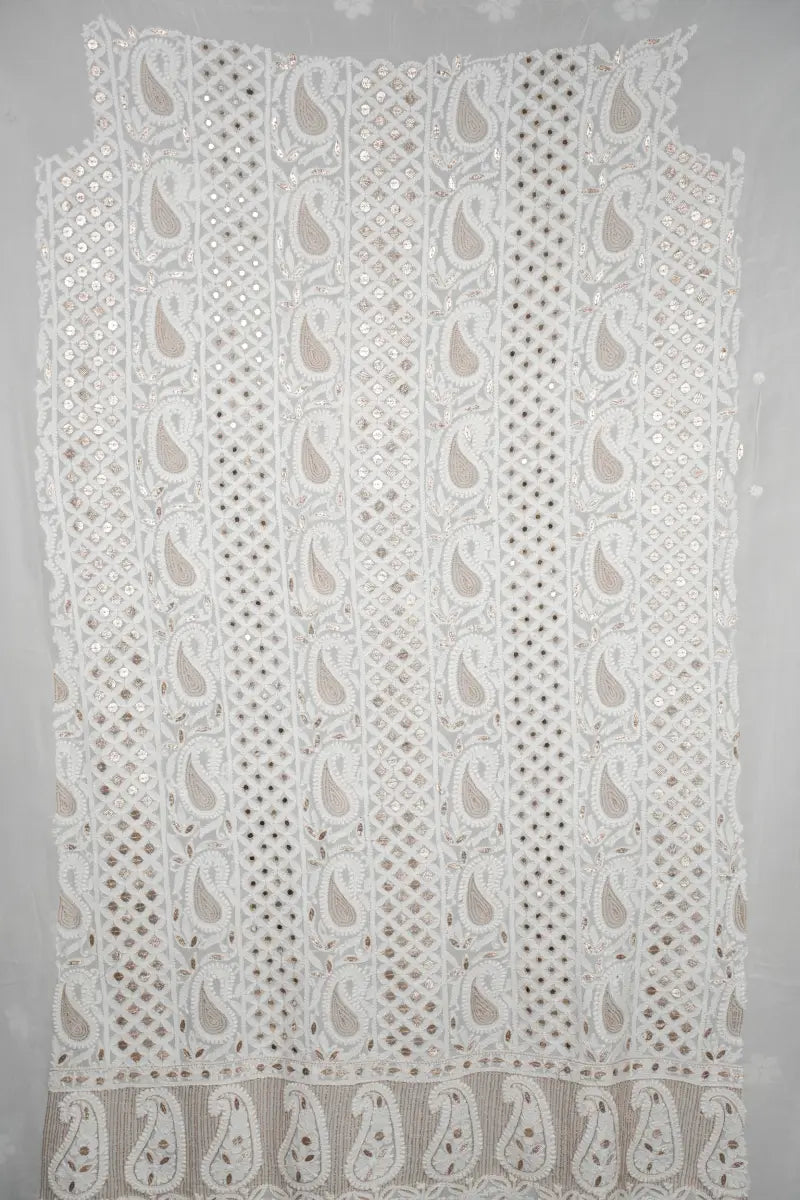 White Pure Georgette Chikankari Unstitched Kurta Dupatta Set with Gotapatti, Resham & Mirror Work