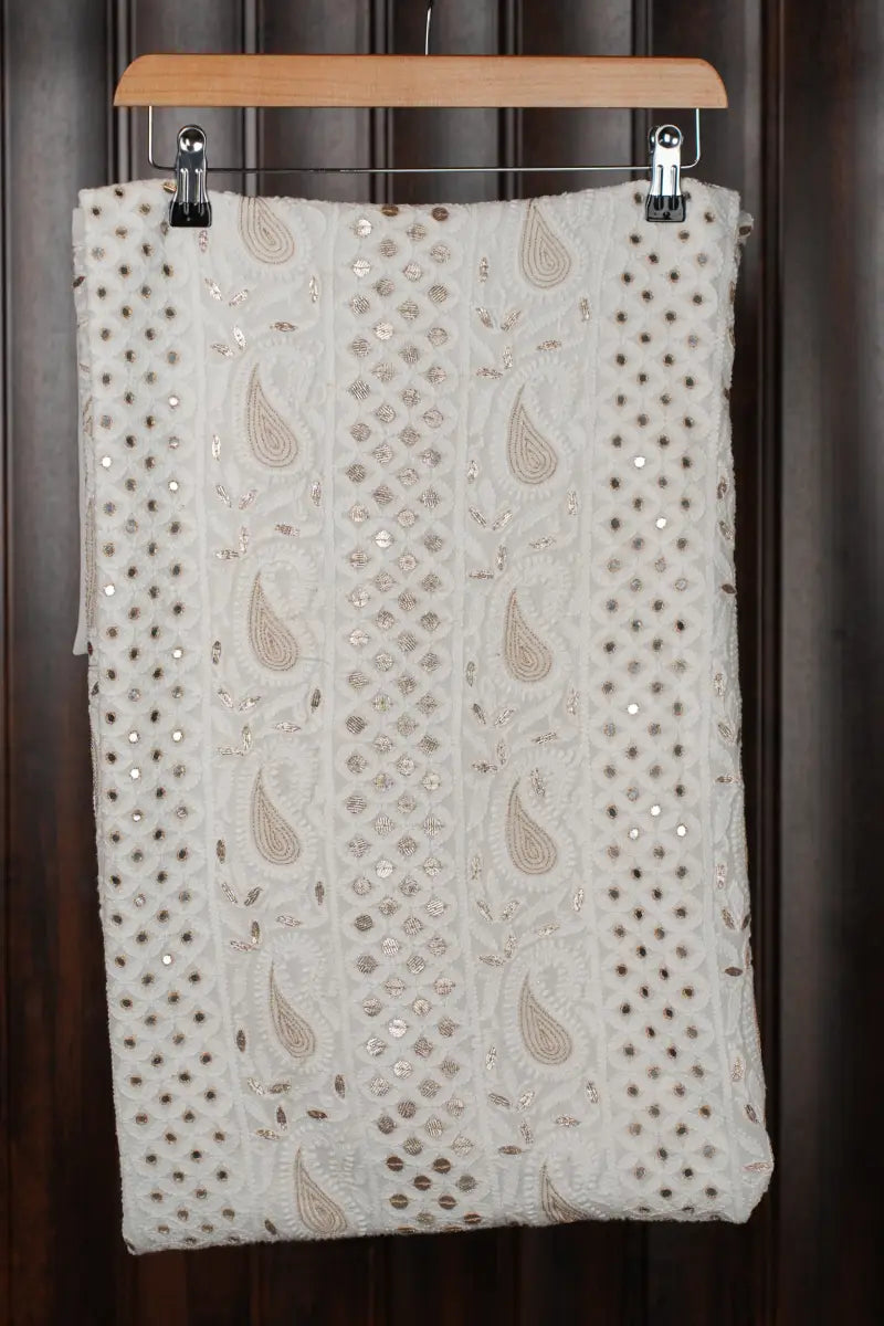 White Pure Georgette Chikankari Unstitched Kurta Dupatta Set with Gotapatti, Resham & Mirror Work
