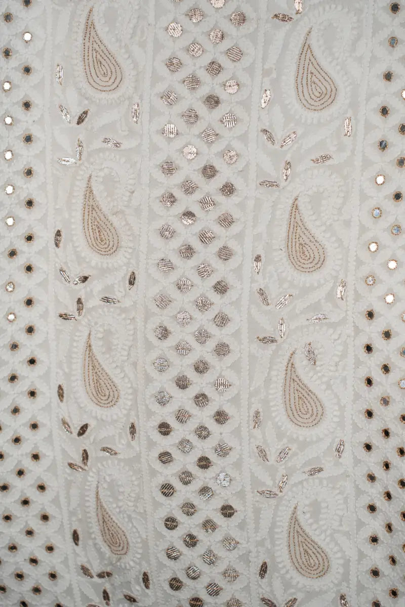 White Pure Georgette Chikankari Unstitched Kurta Dupatta Set with Gotapatti, Resham & Mirror Work
