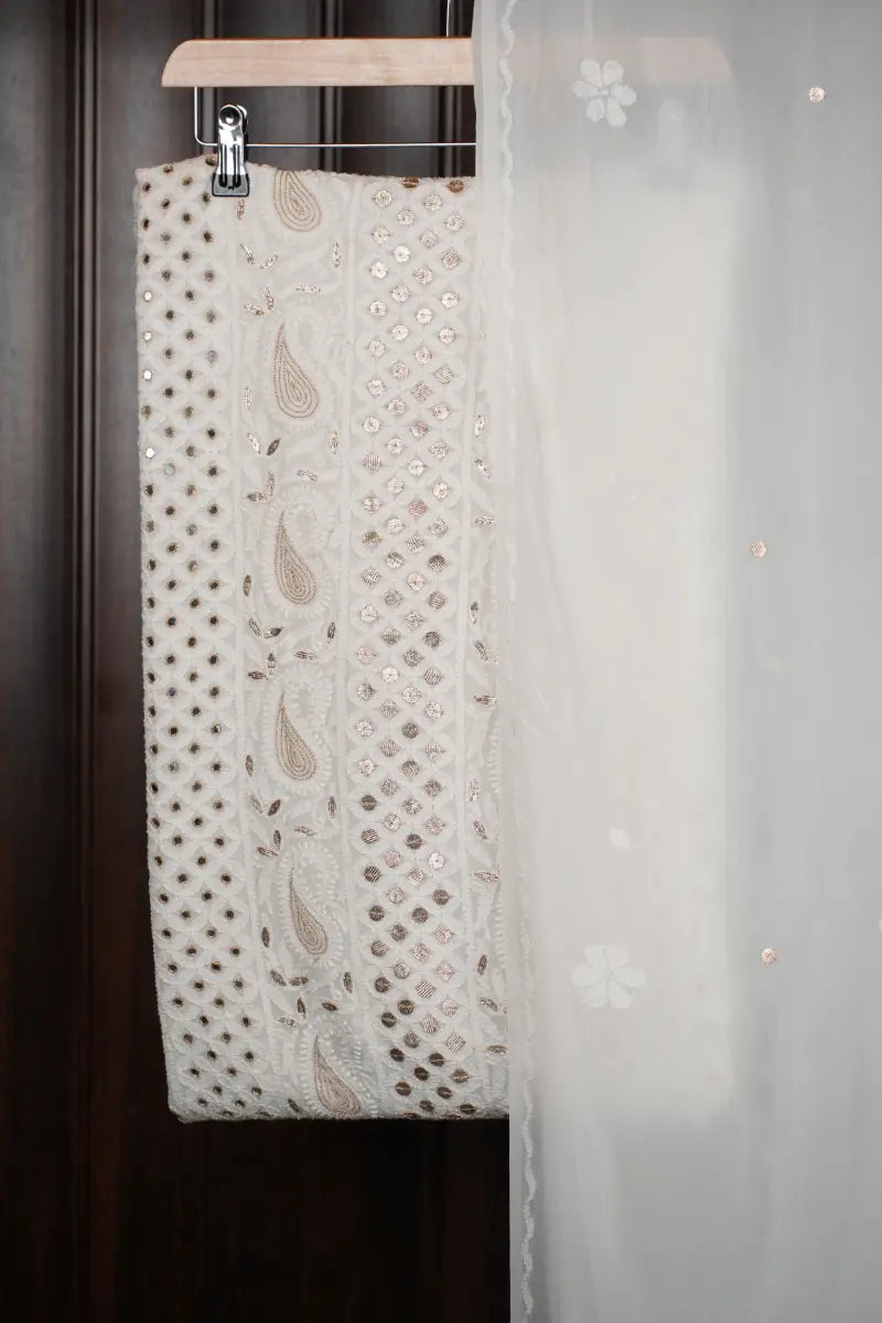 White Pure Georgette Chikankari Unstitched Kurta Dupatta Set with Gotapatti, Resham & Mirror Work