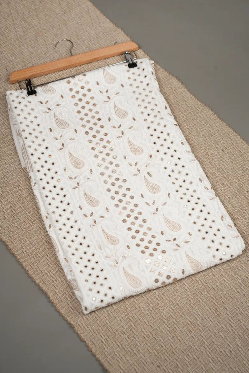 White Pure Georgette Chikankari Unstitched Kurta Dupatta Set with Gotapatti, Resham & Mirror Work