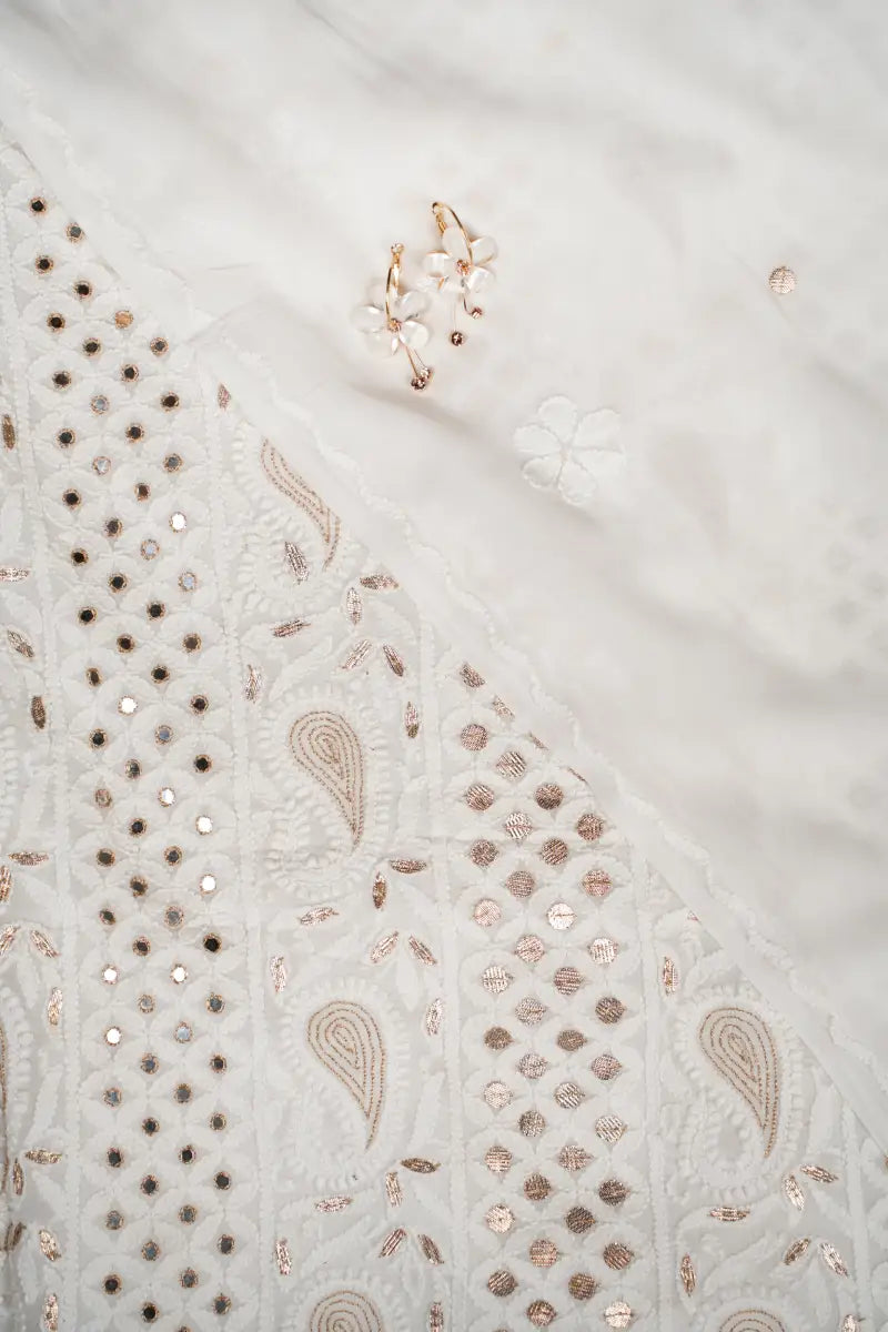 White Pure Georgette Chikankari Unstitched Kurta Dupatta Set with Gotapatti, Resham & Mirror Work