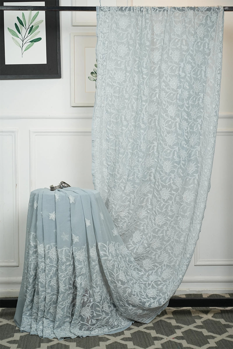 Dove Grey Georgette Saree with Understated Chikankari Elegance
