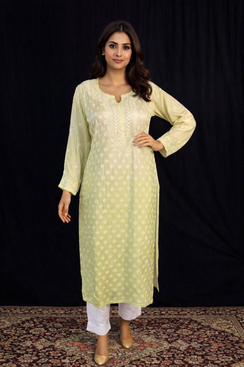 Pastel Lime Green Ombre Modal Silk Chikankari Kurti