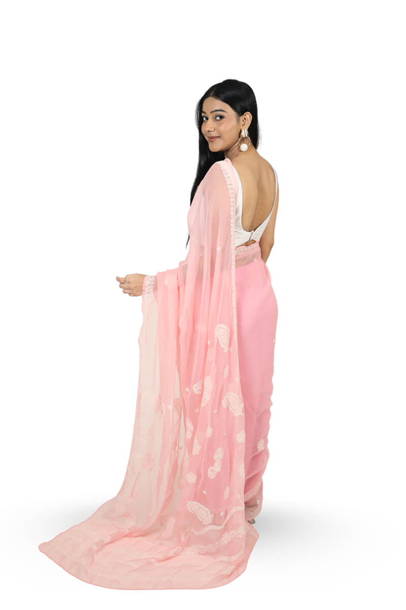 Pink Georgette Saree with Chikankari Embroidery