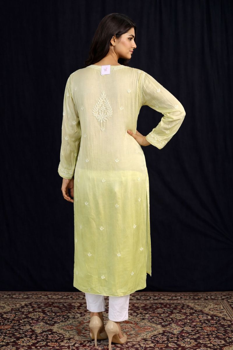Pastel Lime Green Ombre Modal Silk Chikankari Kurti