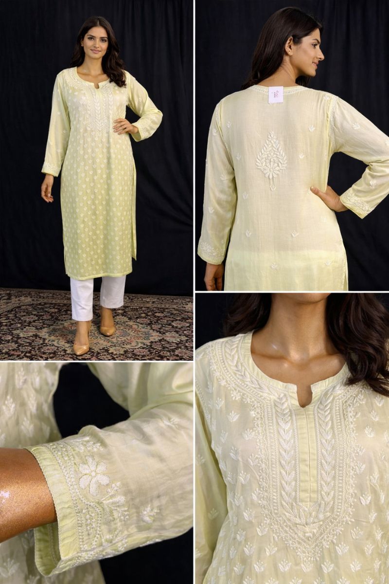 Pastel Lime Green Ombre Modal Silk Chikankari Kurti