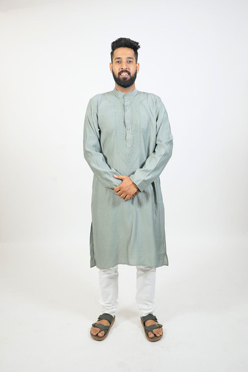 Grey Soft Cotton Chikankari Men Kurta
