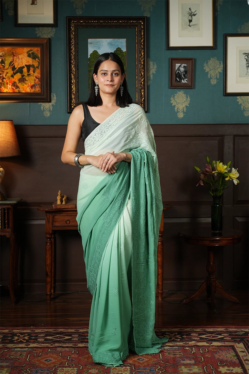 Ombre Green Pure Georgette Saree with Resham Dhaga Work
