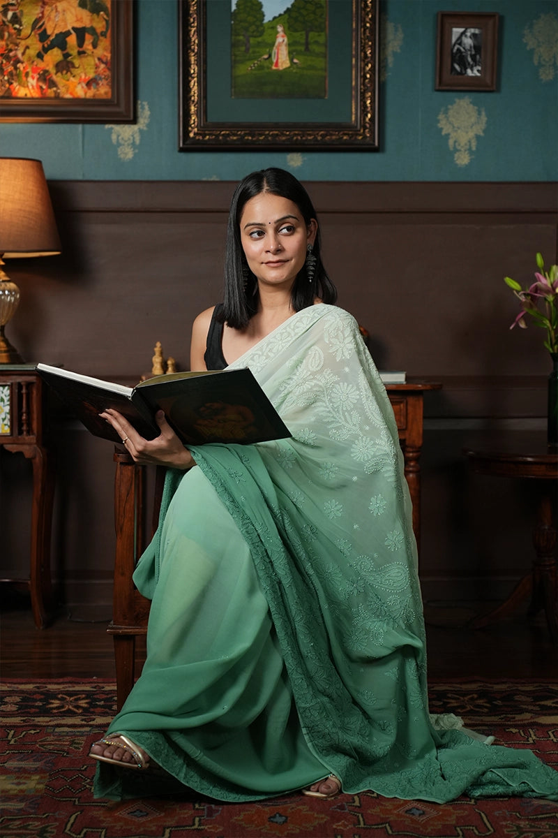 Ombre Green Pure Georgette Saree with Resham Dhaga Work