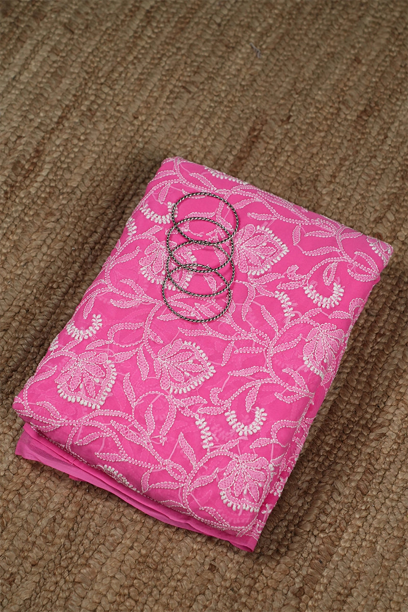 Hot Pink Georgette Saree with Bold Chikankari Embroidery