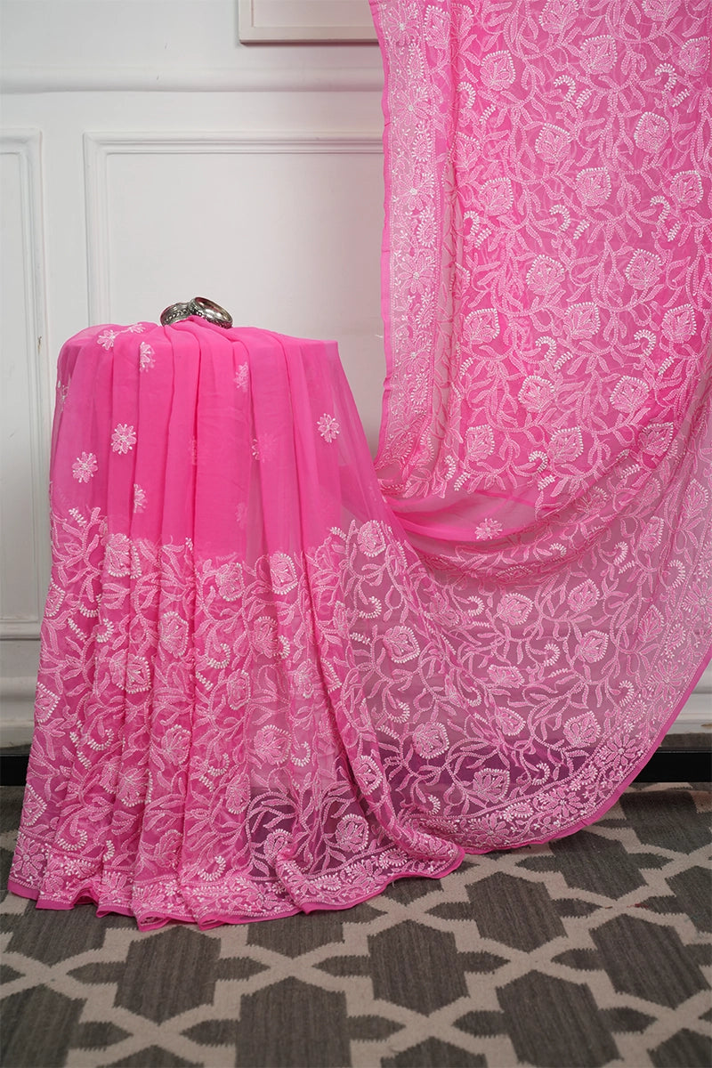 Hot Pink Georgette Saree with Bold Chikankari Embroidery