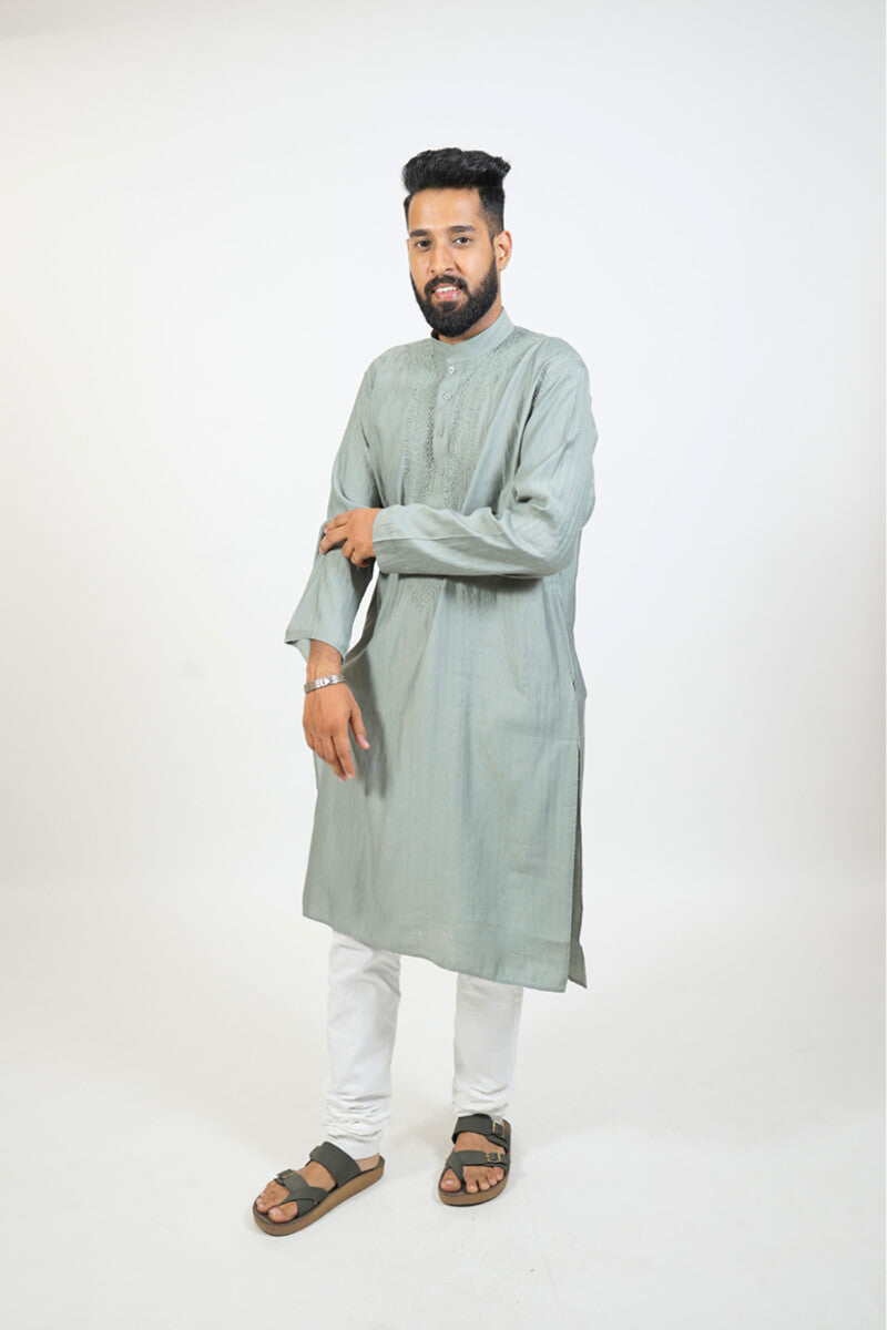 Grey Mul Cotton Chikankari Men Kurta