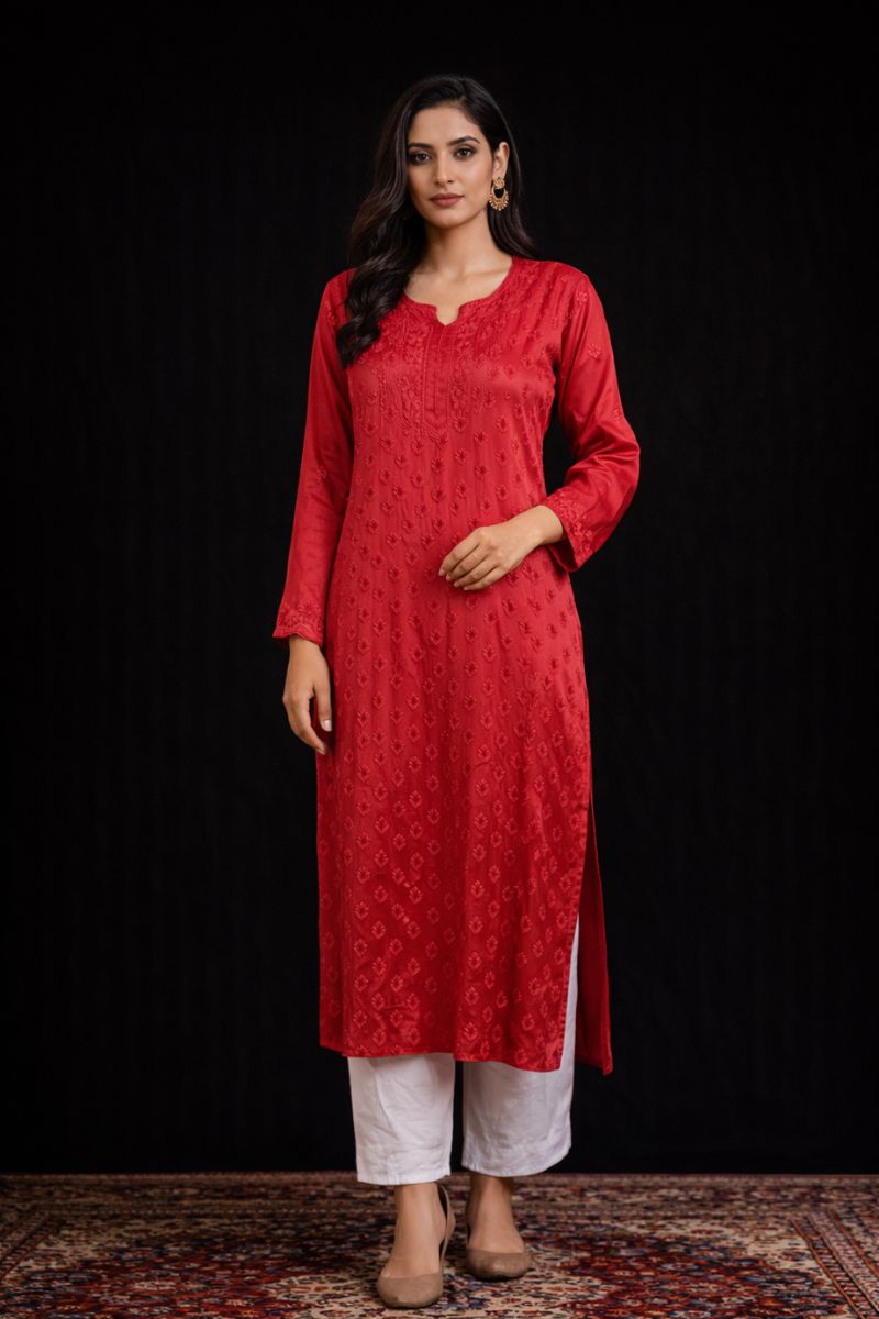 Ombre Red Modal Silk Chikankari Kurti