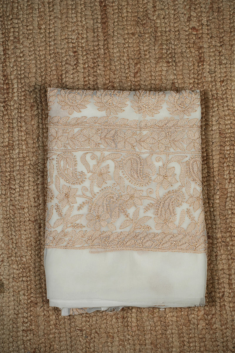 Ivory White Georgette Saree with Delicate Beige Embroidery