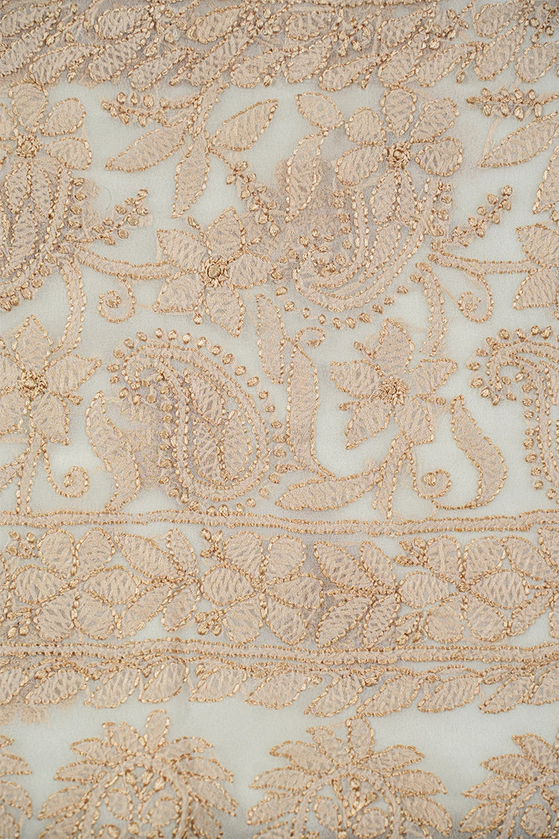 Ivory White Georgette Saree with Delicate Beige Embroidery