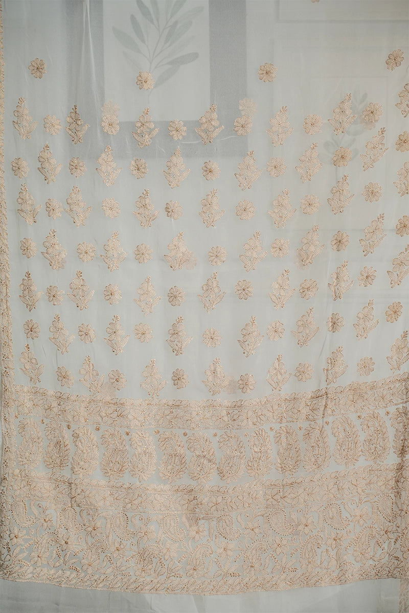 Ivory White Georgette Saree with Delicate Beige Embroidery