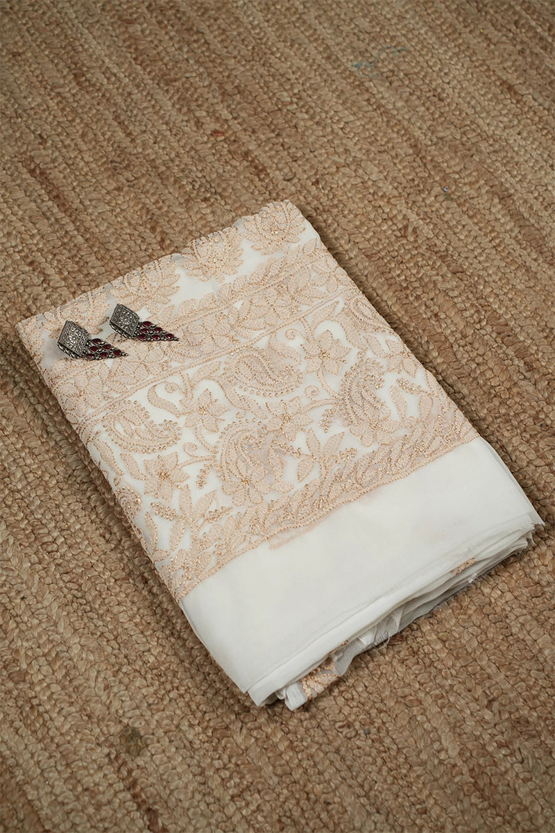 Ivory White Georgette Saree with Delicate Beige Embroidery