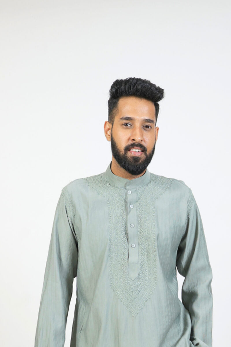 Grey Mul Cotton Chikankari Men Kurta
