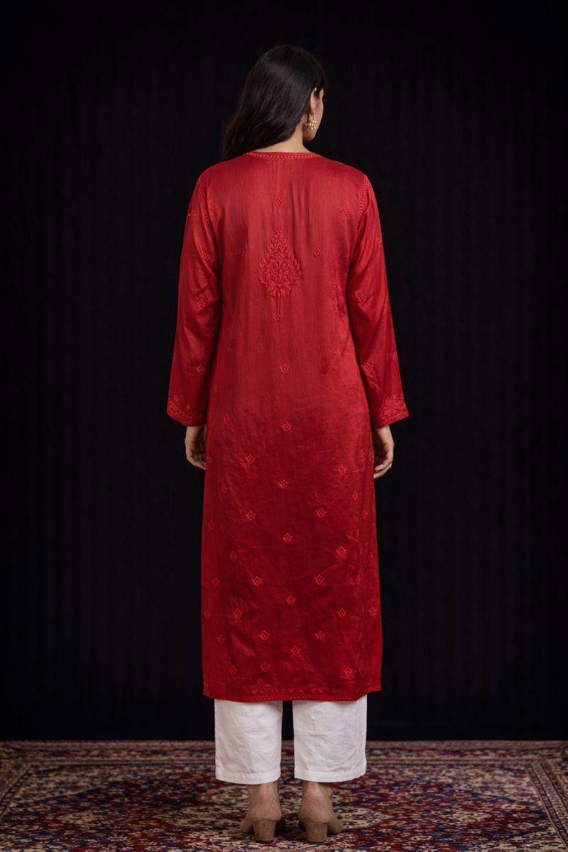 Ombre Red Modal Silk Chikankari Kurti