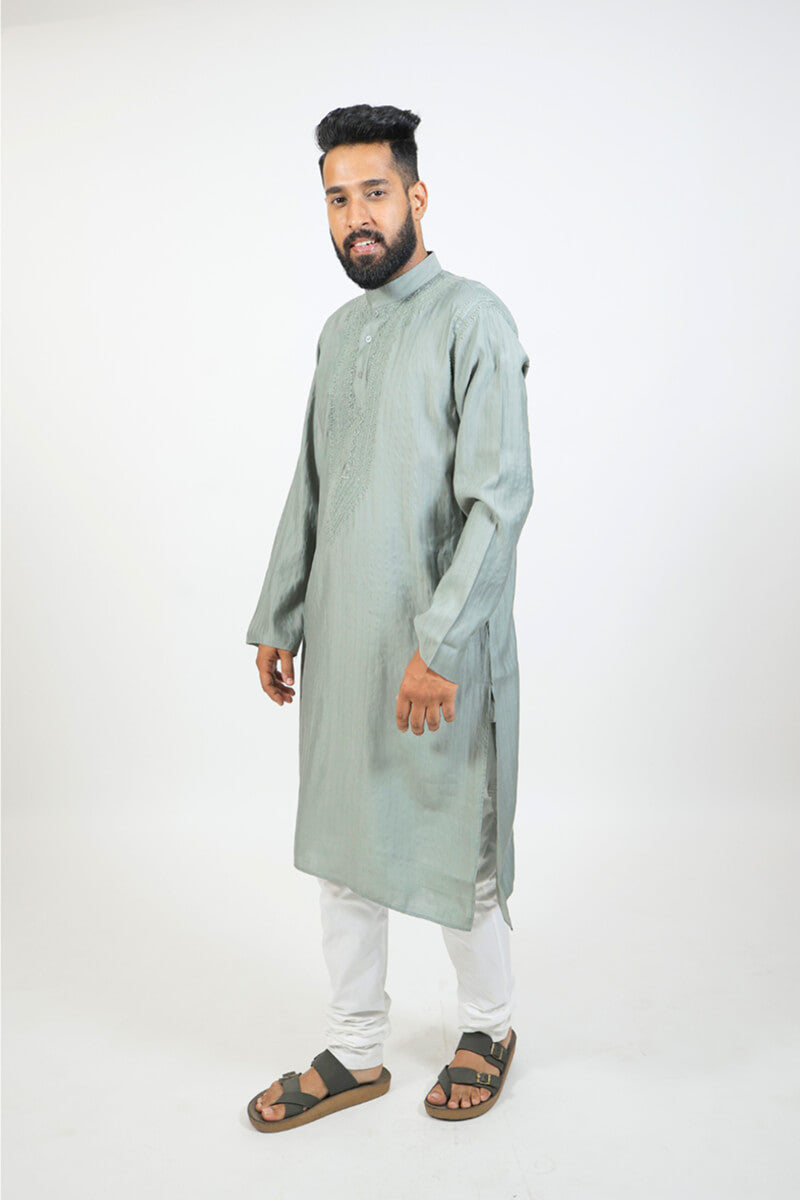 Grey Mul Cotton Chikankari Men Kurta