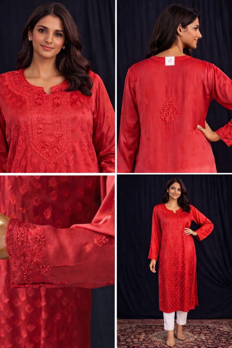 Ombre Red Modal Silk Chikankari Kurti
