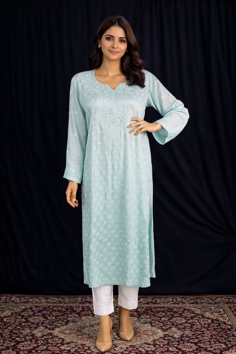 Soft Mint Ombre Modal Silk Chikankari Kurti