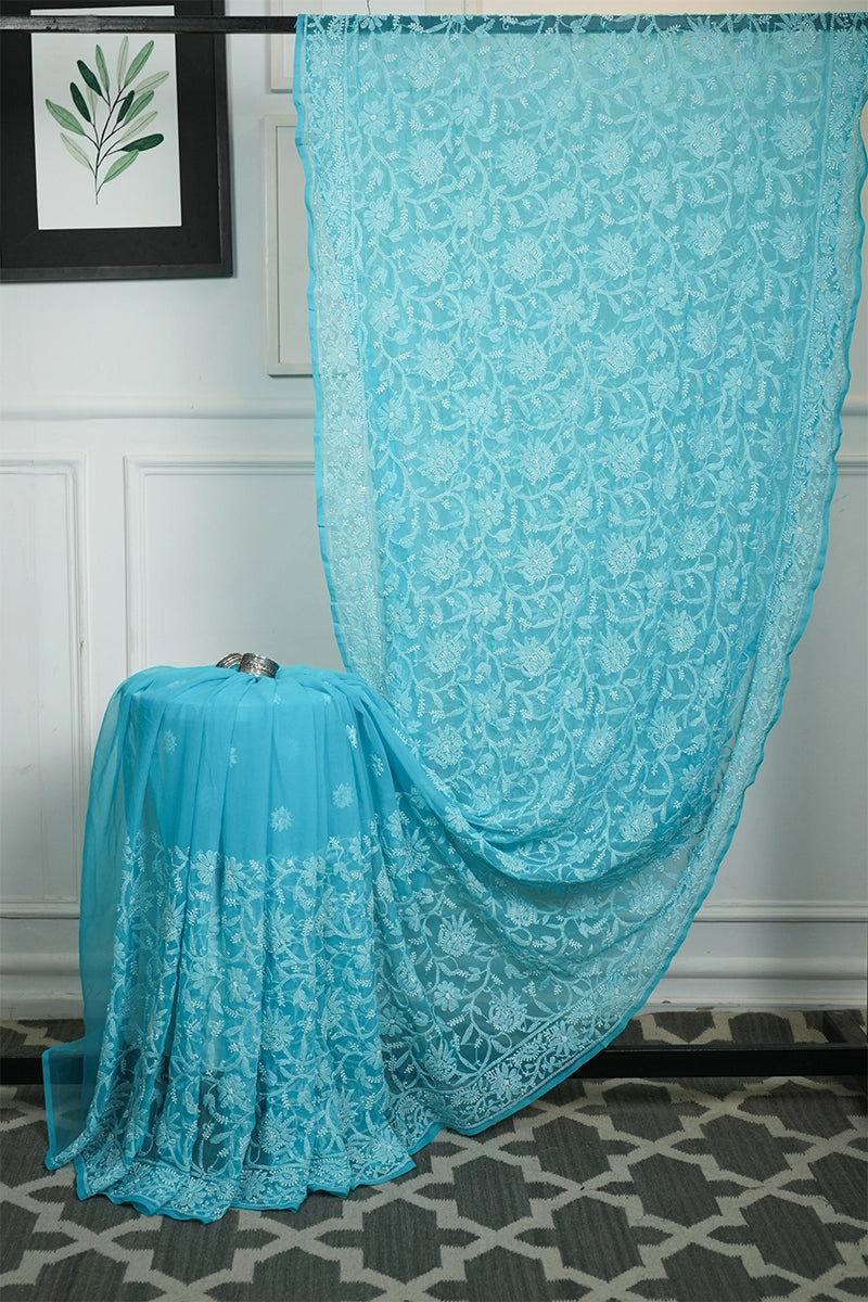 Sky Blue Chikankari Saree with Fresh Floral Embroidery