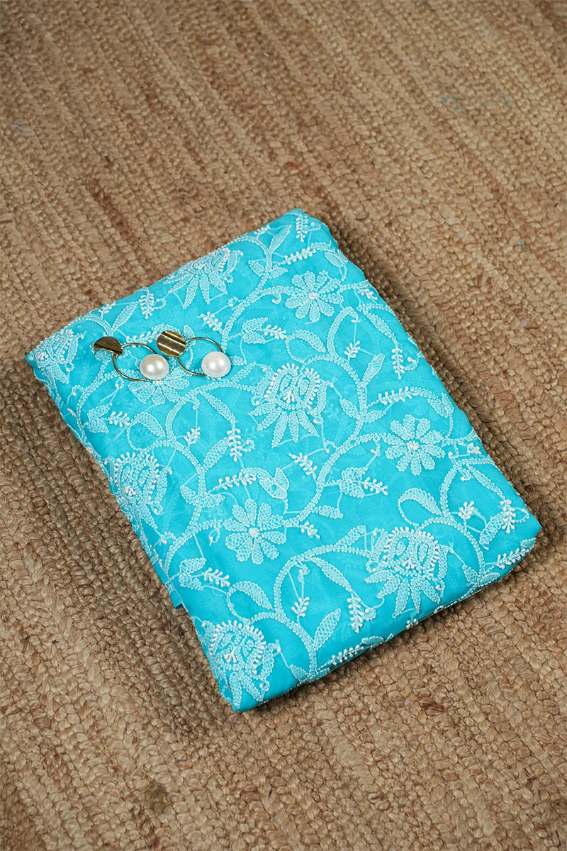 Sky Blue Chikankari Saree with Fresh Floral Embroidery