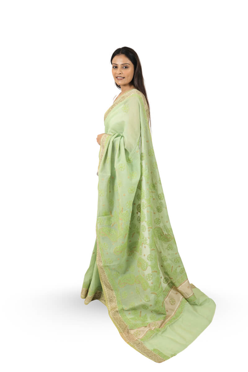 Green Kota Hand-Embroidered Chikankari Saree