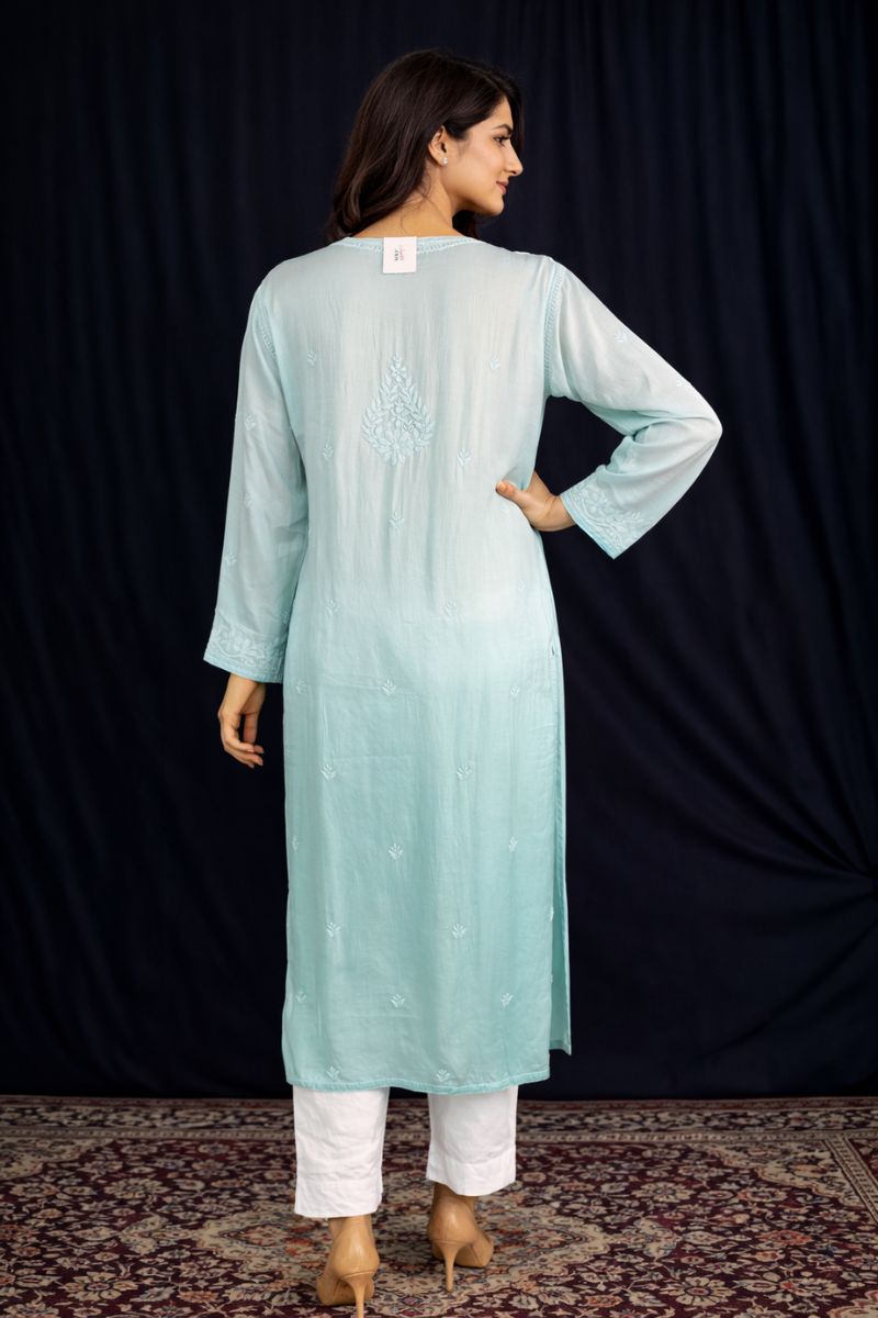 Soft Mint Ombre Modal Silk Chikankari Kurti