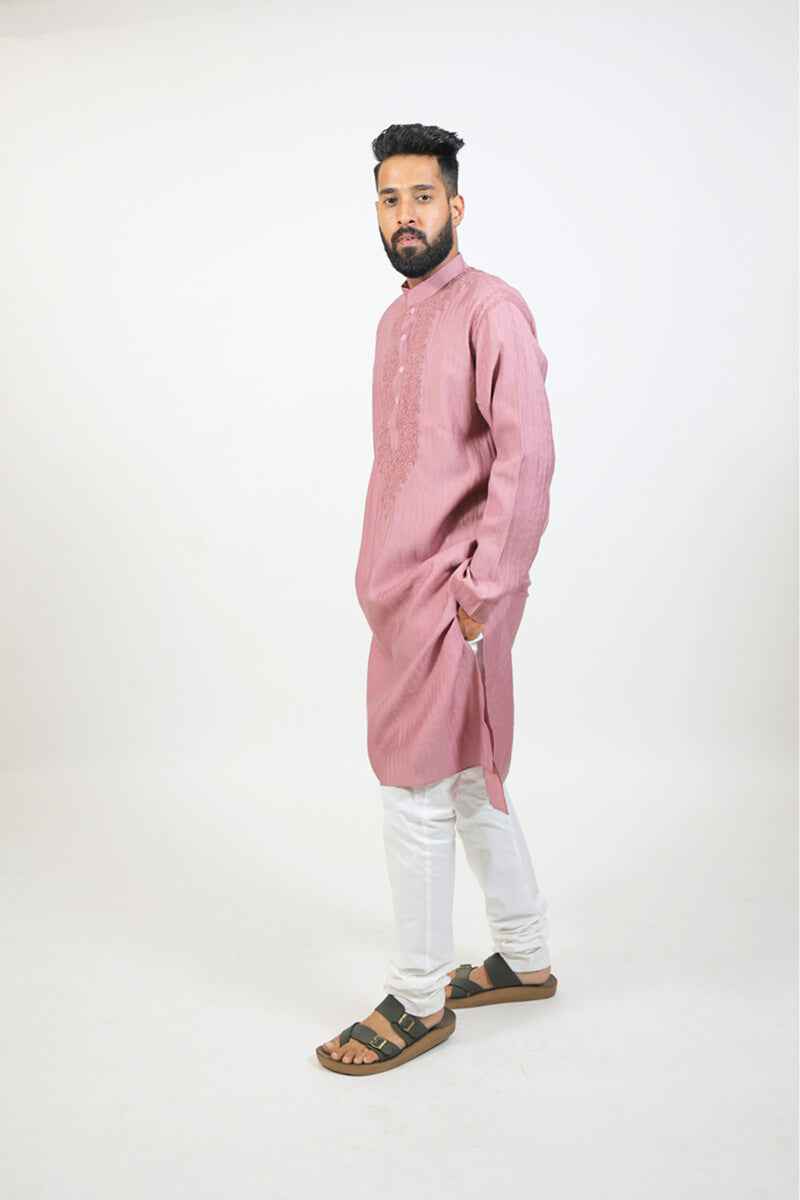 Dusty Rose Mul Cotton Chikankari Men Kurta