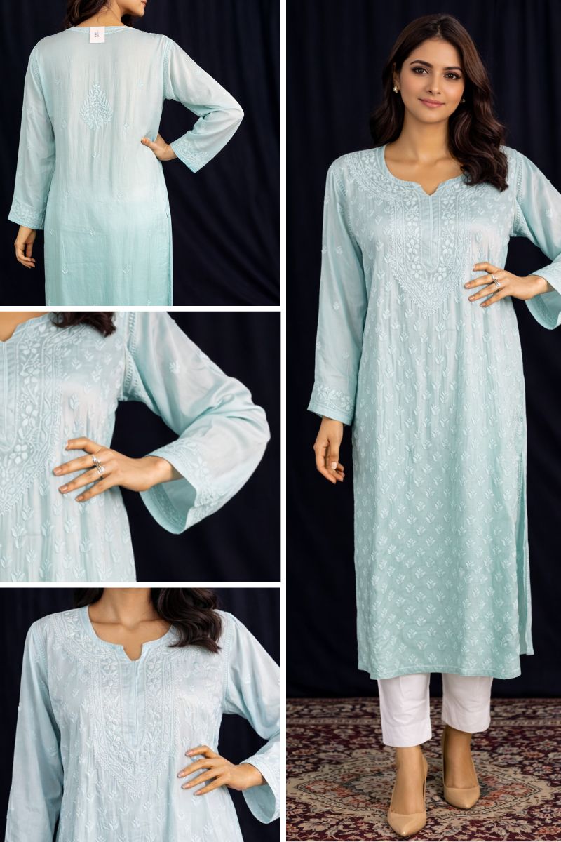 Soft Mint Ombre Modal Silk Chikankari Kurti