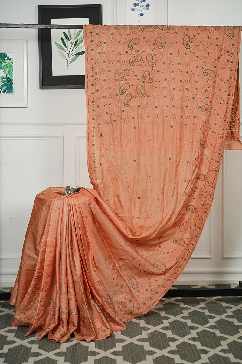 Rust-Orange Chanderi Silk Chikankari Saree with Traditional Paisley Motifs