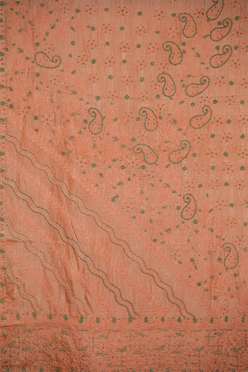 Rust-Orange Chanderi Silk Chikankari Saree with Traditional Paisley Motifs