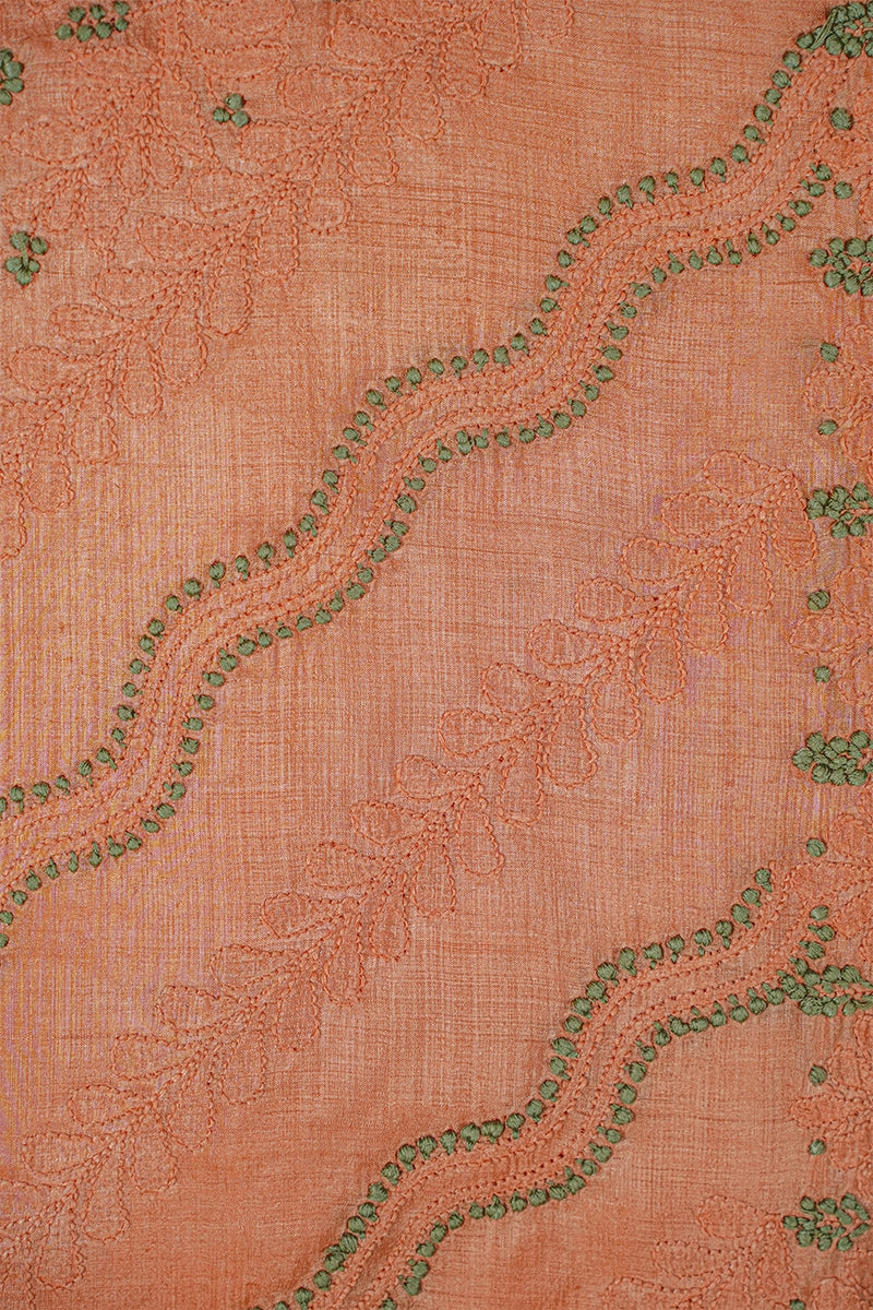 Rust-Orange Chanderi Silk Chikankari Saree with Traditional Paisley Motifs