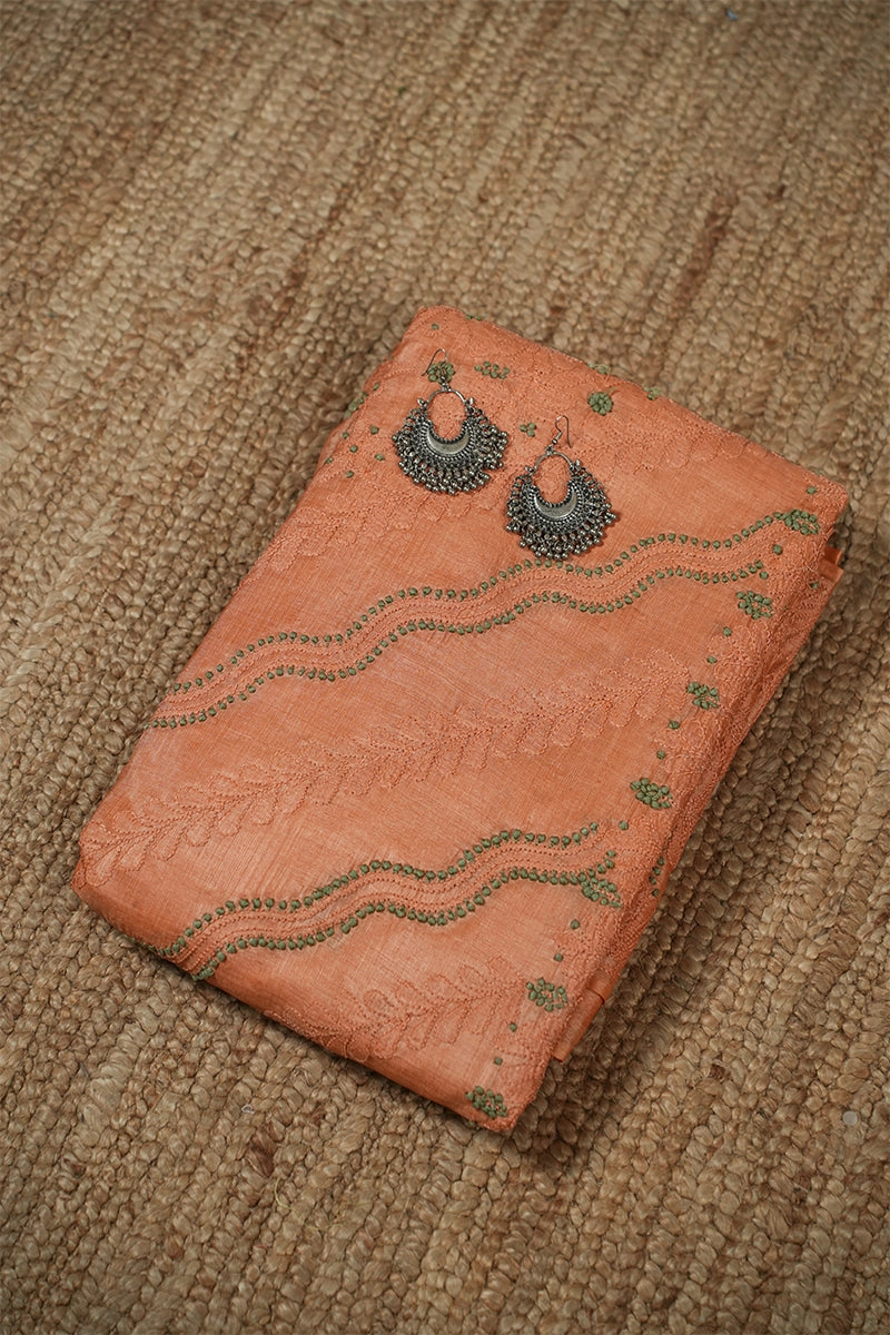 Rust-Orange Chanderi Silk Chikankari Saree with Traditional Paisley Motifs
