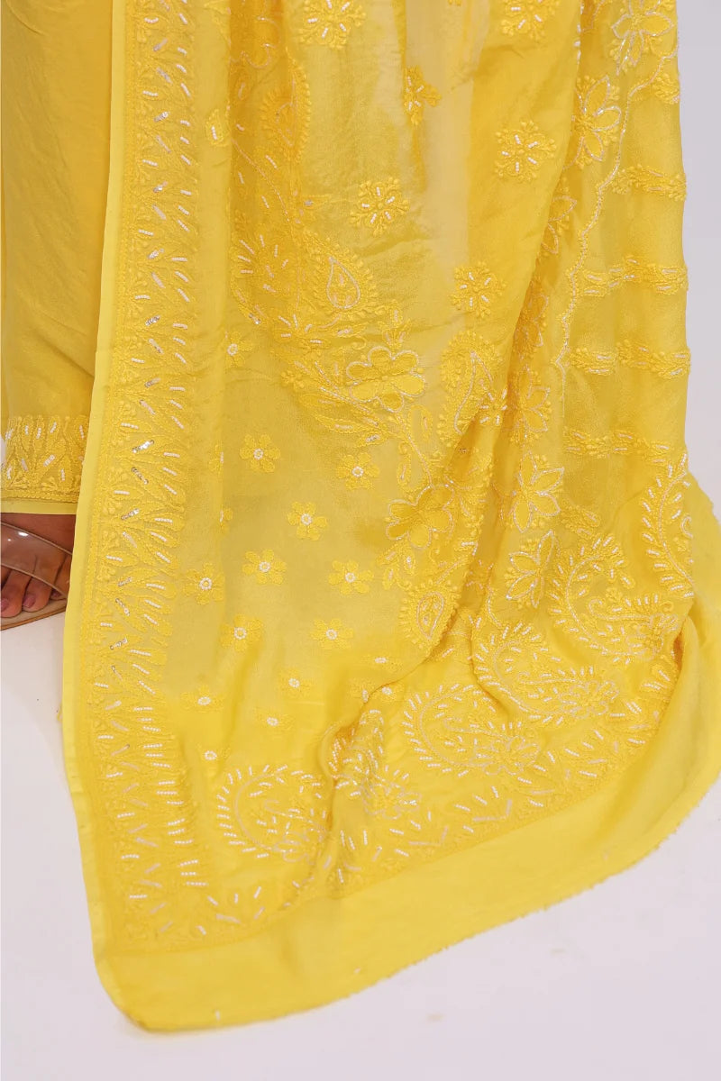 Sunflower Yellow Viscose Georgette Saree with Resham Dhaga, Pearl & Sequence Work